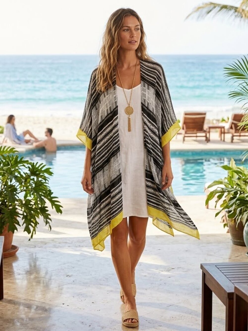 Moss Rose Women's OSFM Black Boho 100% Viscose Breathable Beach Cover-Up Resort